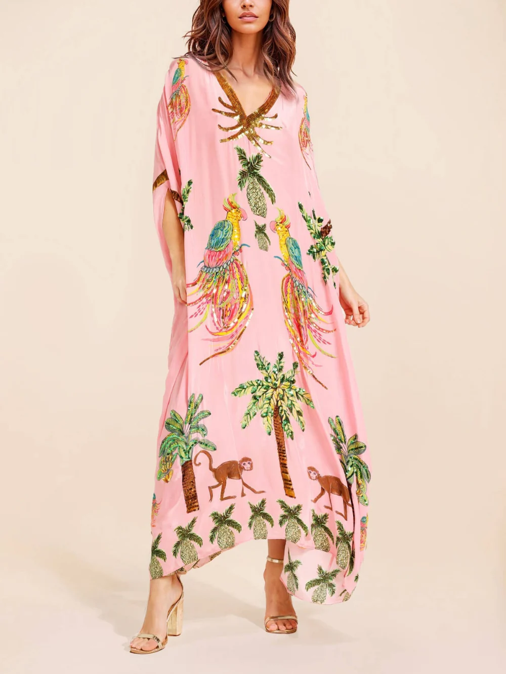 Unique Drop Shoulder Sleeve Coconut Tree Printed Dress