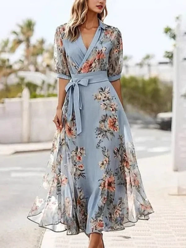Floral Print V-Neck Short Sleeve Bow Waist Midi Dress