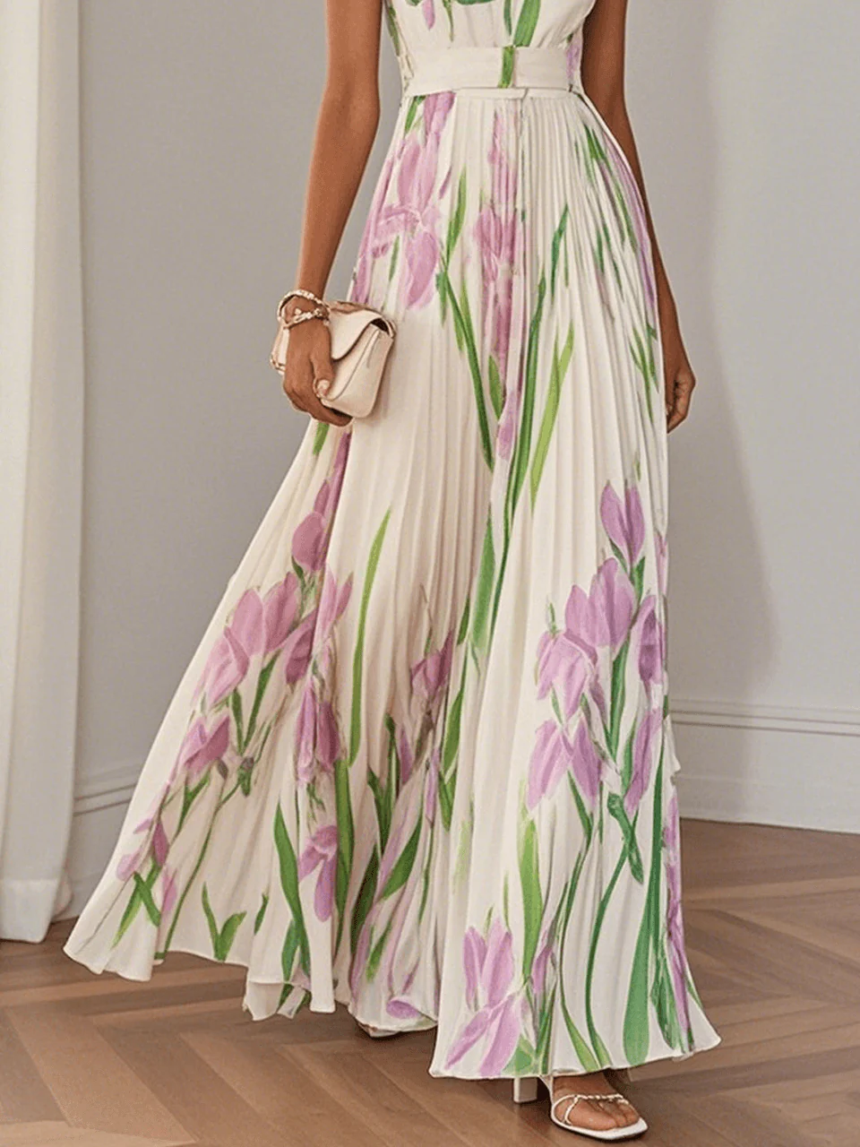White Pleated Floral Chiffon Square Neck Sleeveless A-Line Maxi Dress