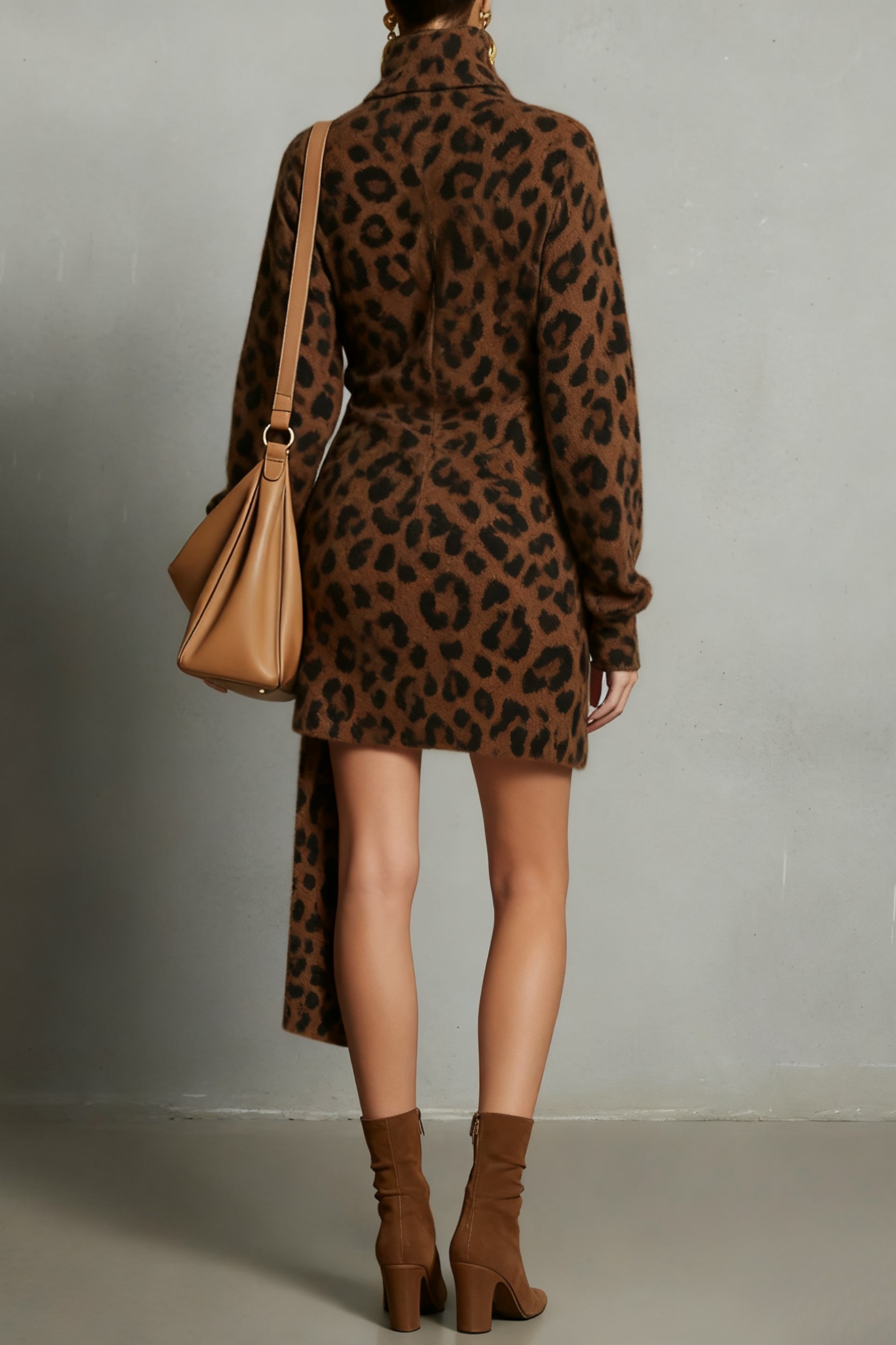 Brown Leopard Print Turtleneck Sweater Dress With Wrap Detail