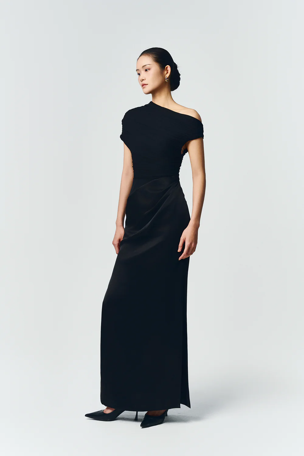 Enya Asymmetric Neck Gathering Maxi Dress