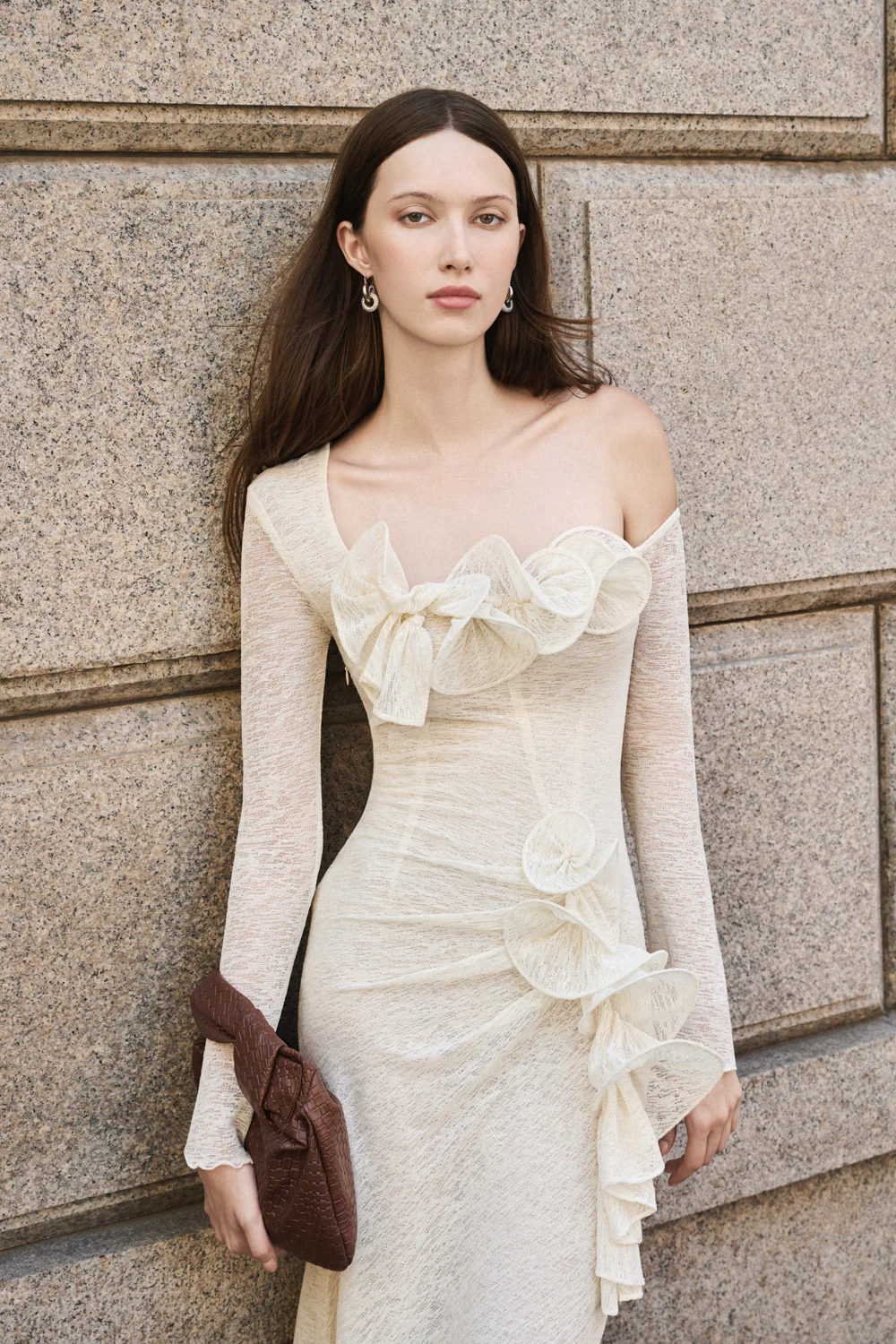 Bloom Asymmetric Sleeve Ruffe Maxi Dress