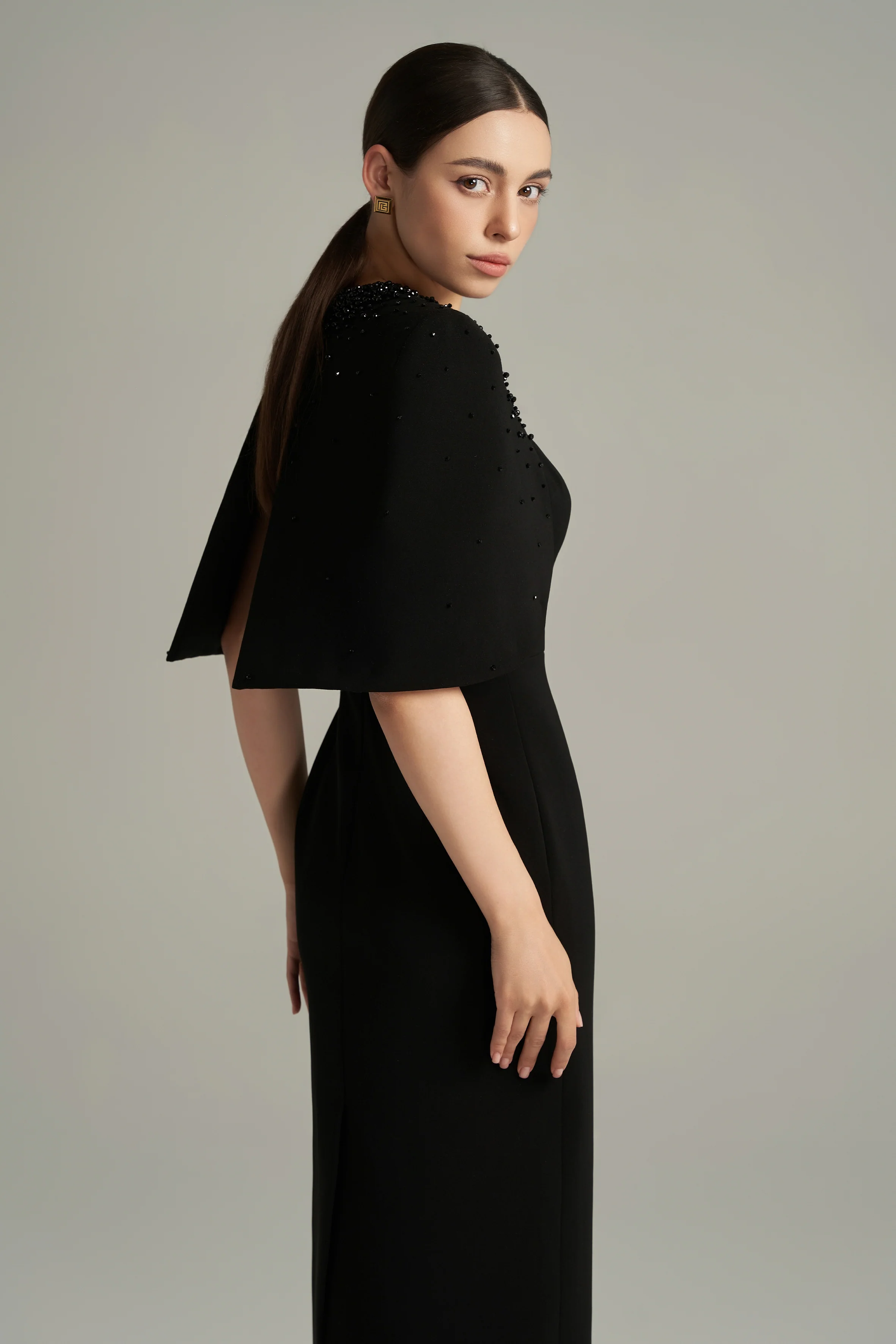 Gracelynn Sheath Cape Shoulder Crepe Calf Length Dress