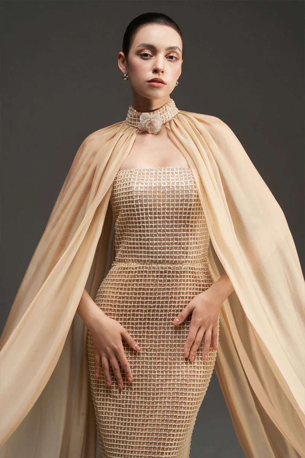 Avianna Cape Sleeves Bead Maxi Dress