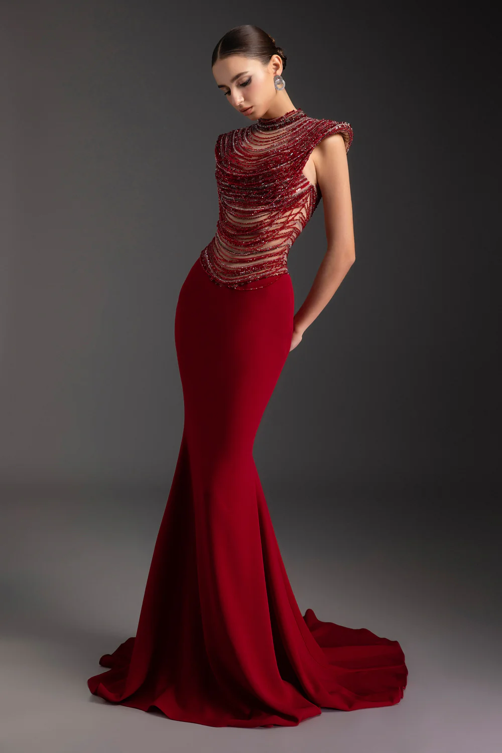 Crimson Mermaid Rhinestone Maxi Dress