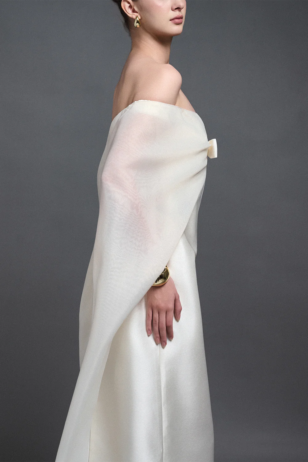 Solenne Straight Cape Sleeved Taffeta Maxi Dress