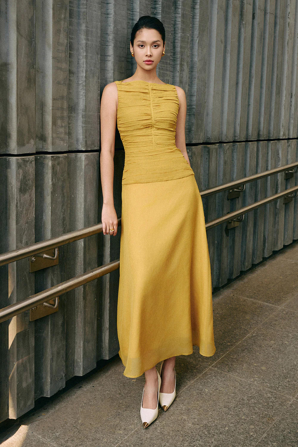 Cora A-line Cape Shoulder Floss Silk Maxi Dress