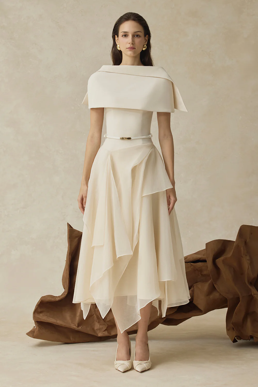 Seraphelle Cape Sleeve Ruffle Midi Dress