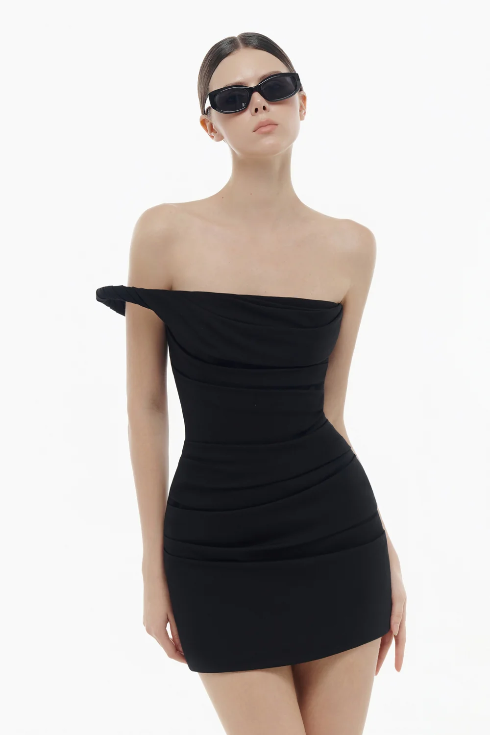 Madeleine Straight Across Neck Draped Mini Dress