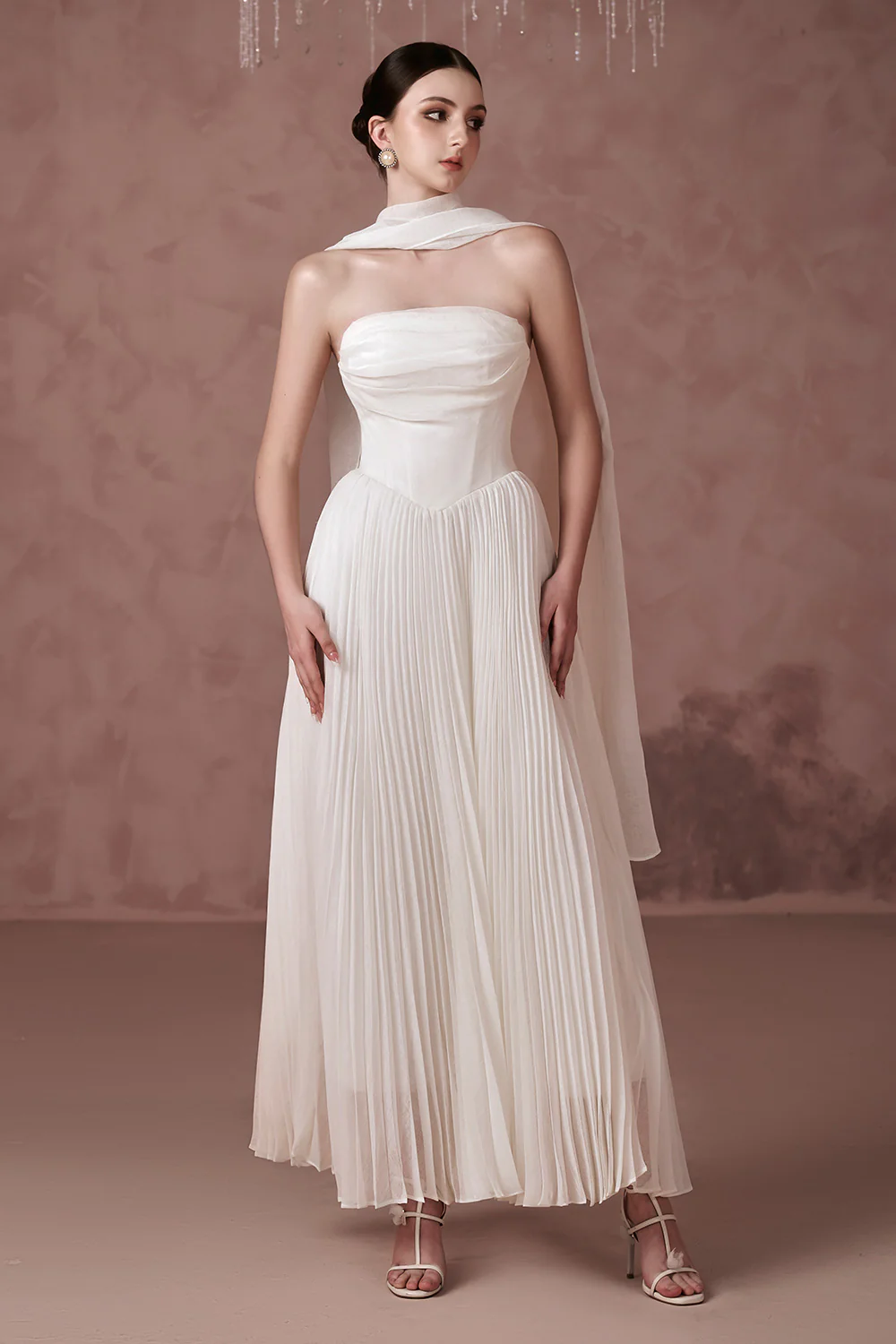 Amelia Strapless Pleated Mesh Silk Ankle Length Dress