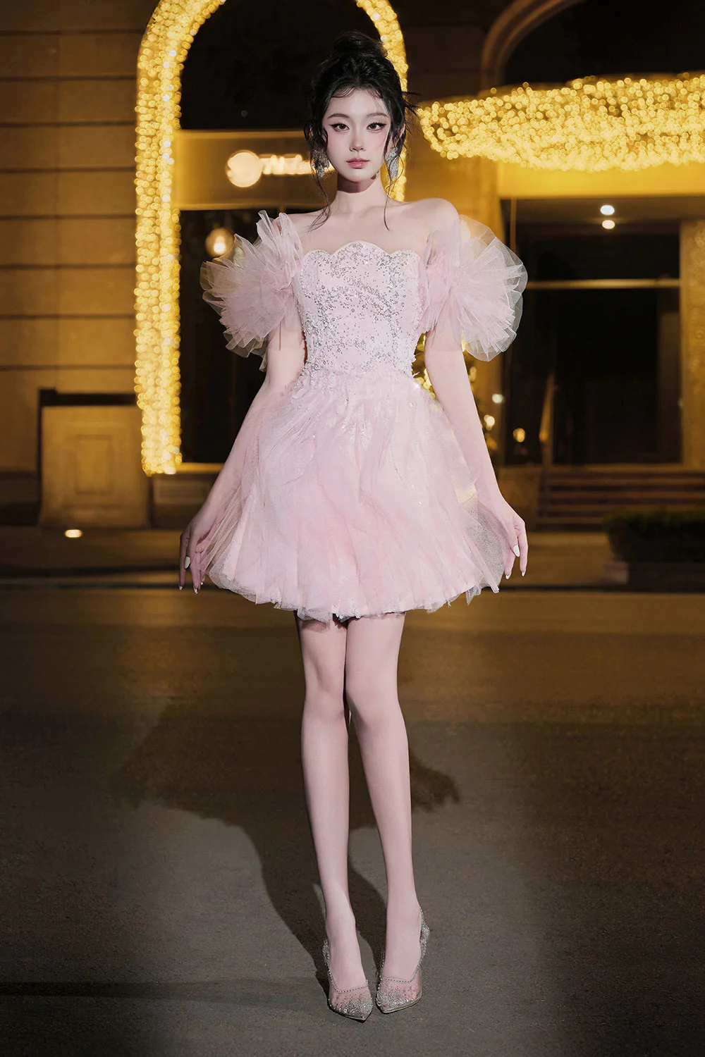 Iris Fit and Flare Curved Neck Mesh Mini Dress