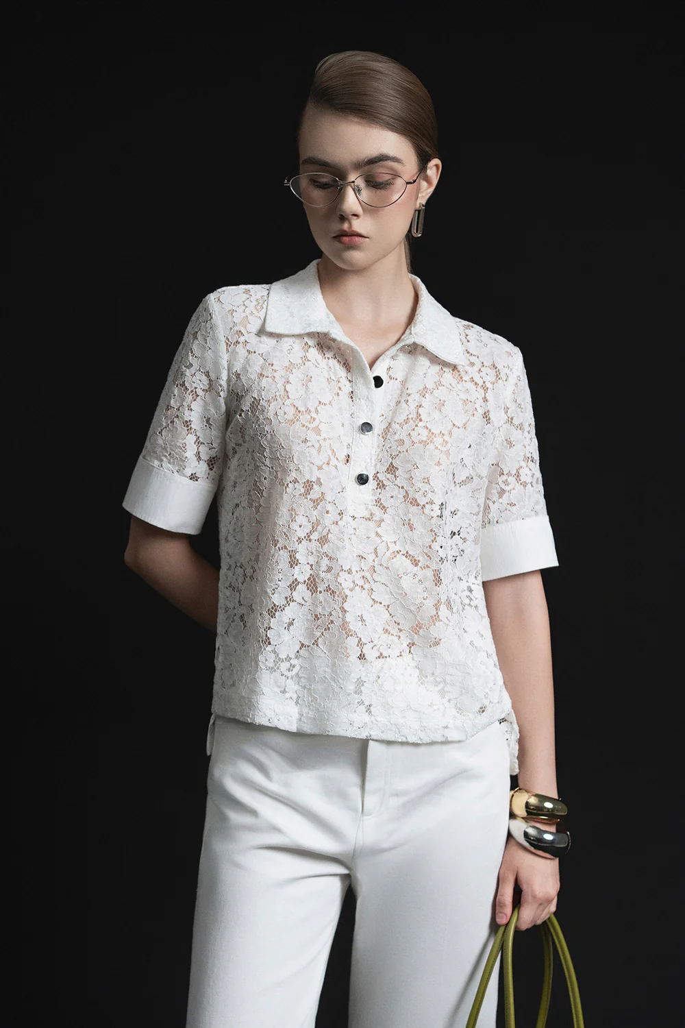 Marie Straight Collared Neck Cotton Lace Shirt