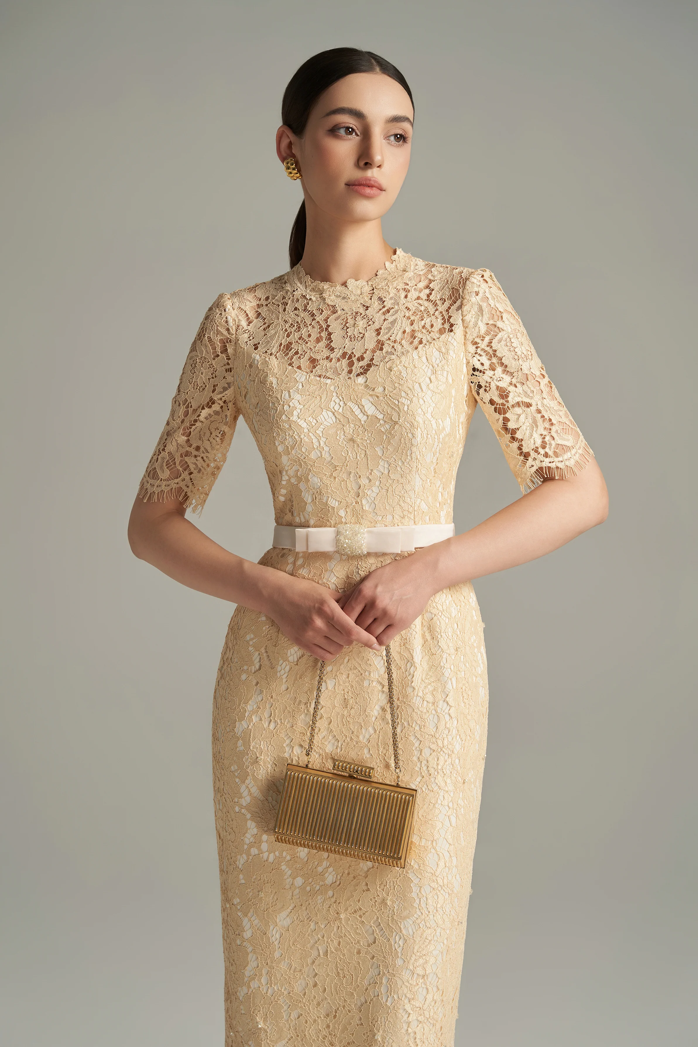 Juniper Pencil Back Slit Lace Calf Length Dress