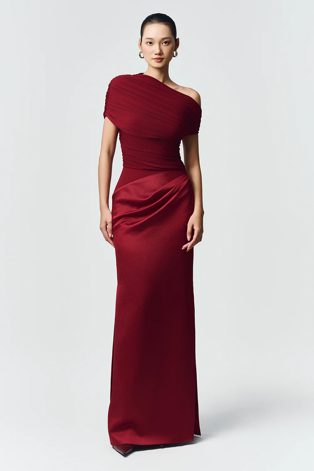 Enya Asymmetric Neck Gathering Maxi Dress