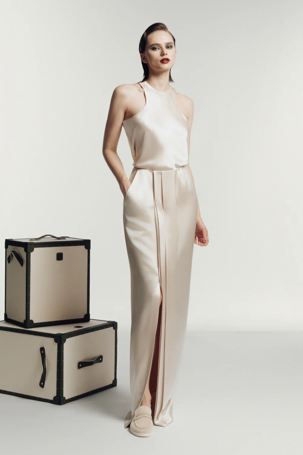 Minard Straight Front Slit Sateen Maxi Skirt