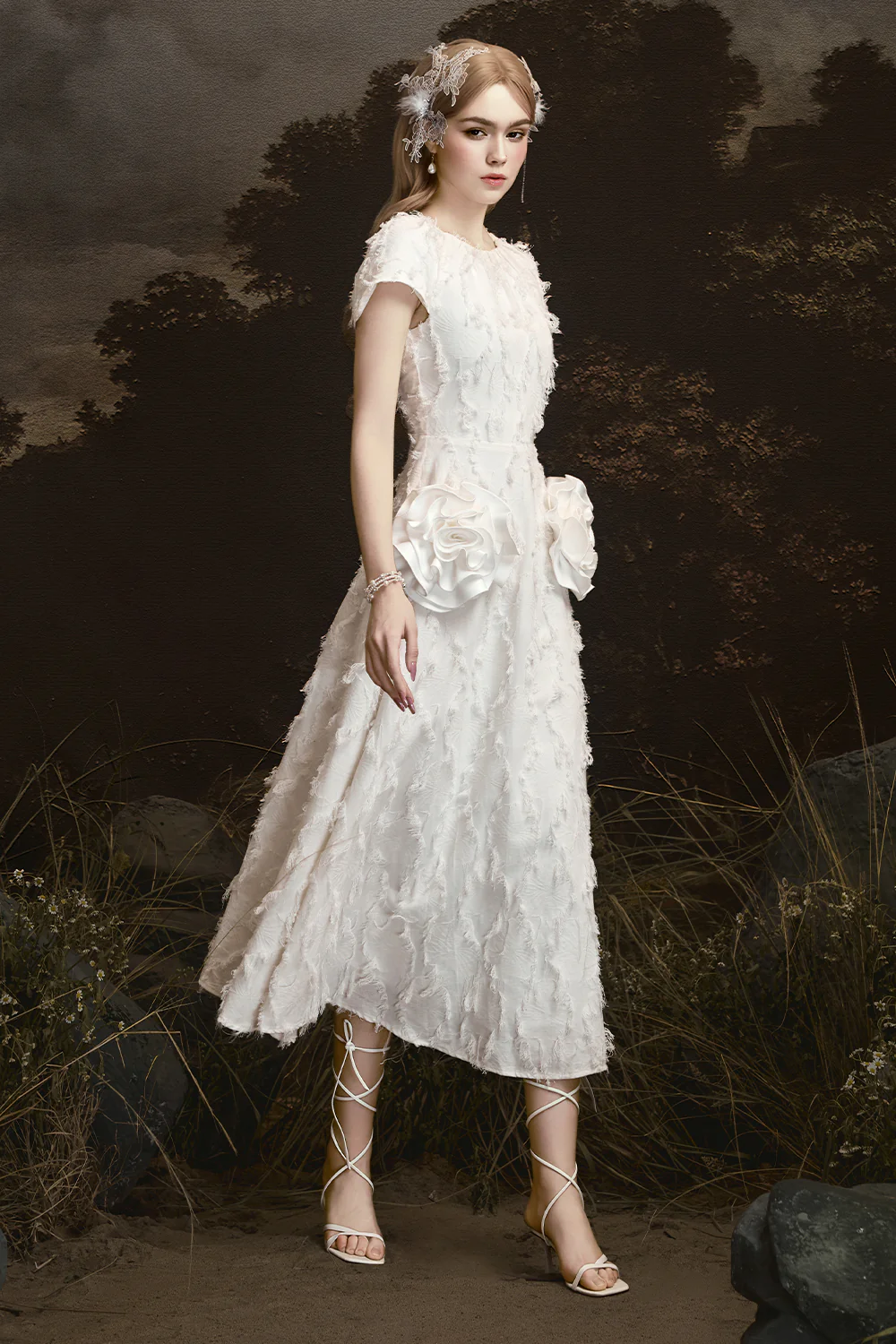 Twin Roses Round Neck Fringe Midi Dress