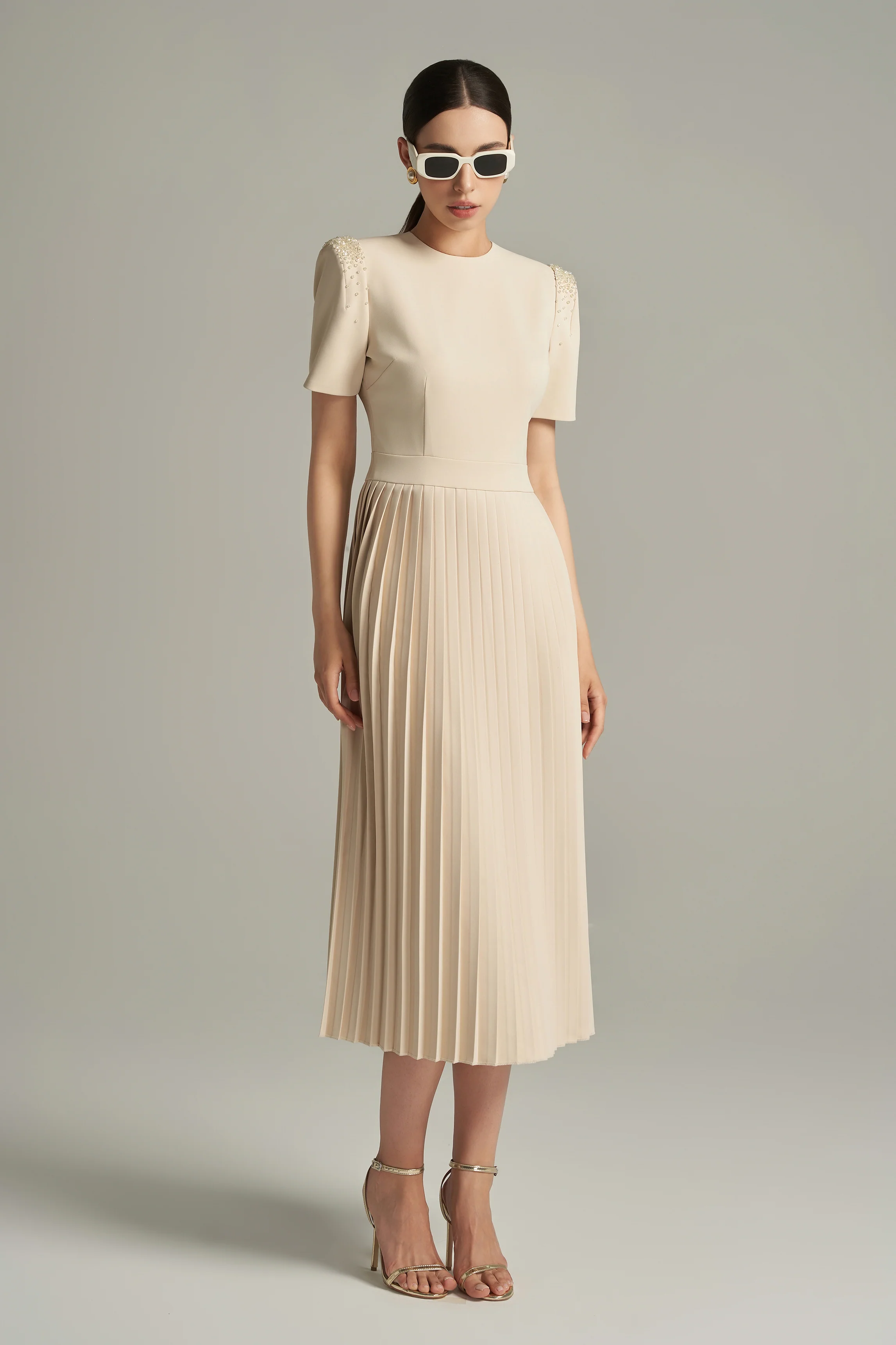 Brianna A-line Pleated Twill Calf Length Dress