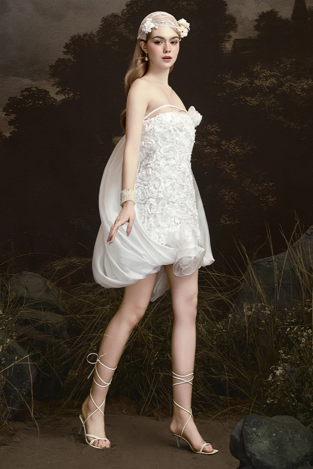 Cloudy Cape Sleeve Applique Mini Dress