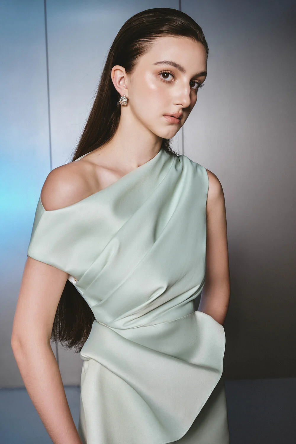 Daplon A-line Asymmetric Neck Taffeta Midi Dress