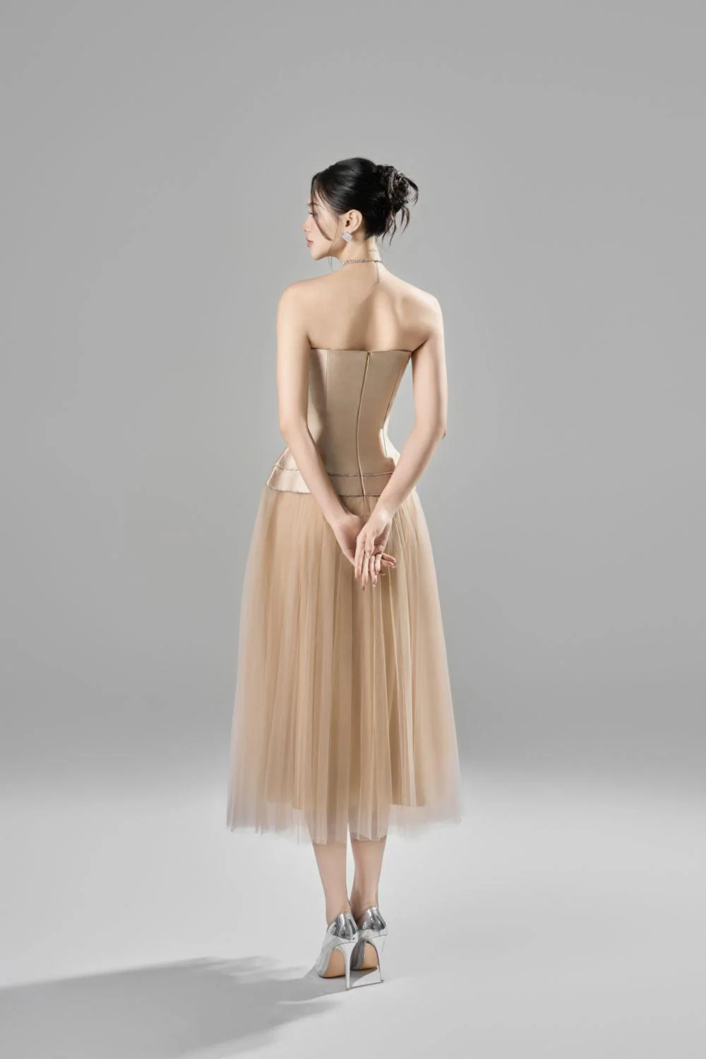 Nyla Strapless Straight Across Neck Taffeta Midi Dress