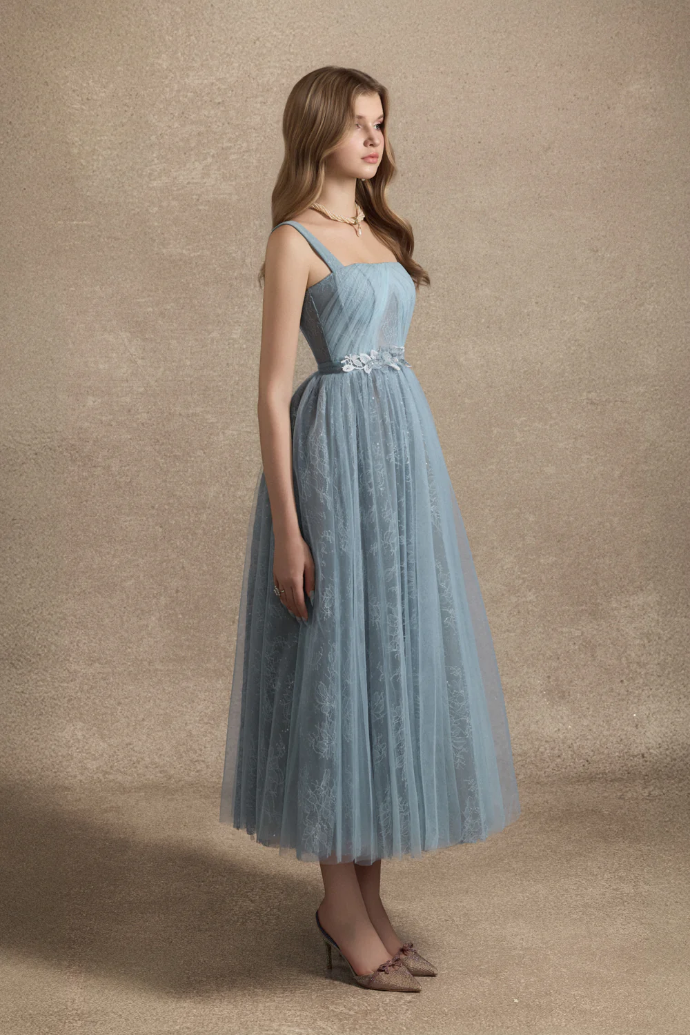 Cesleste Square Neck Lace Midi Dress