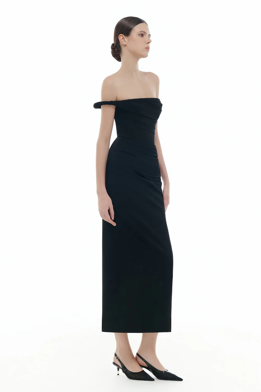 Victoria Straight Across Neck Draped Midi Dress