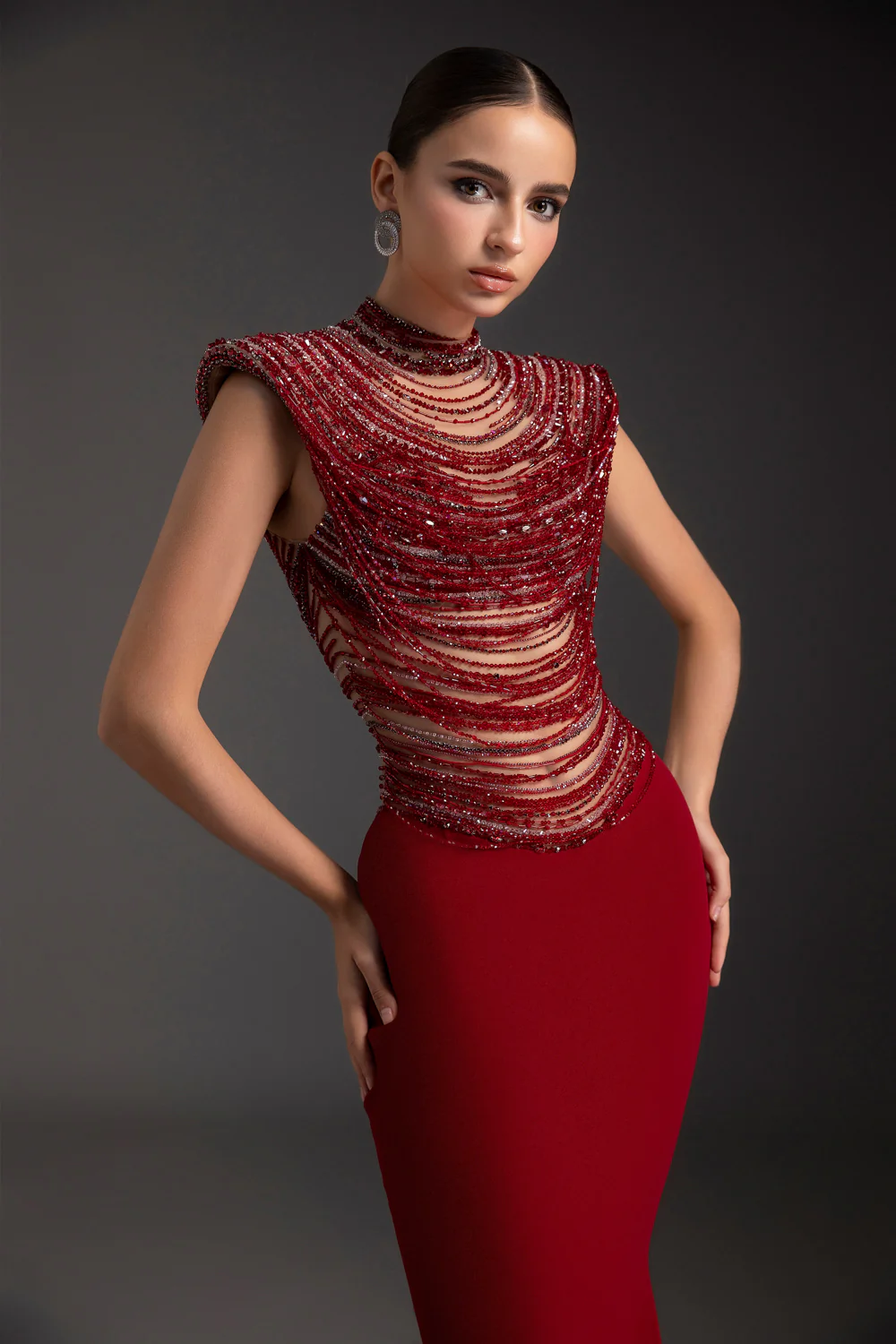 Crimson Mermaid Rhinestone Maxi Dress