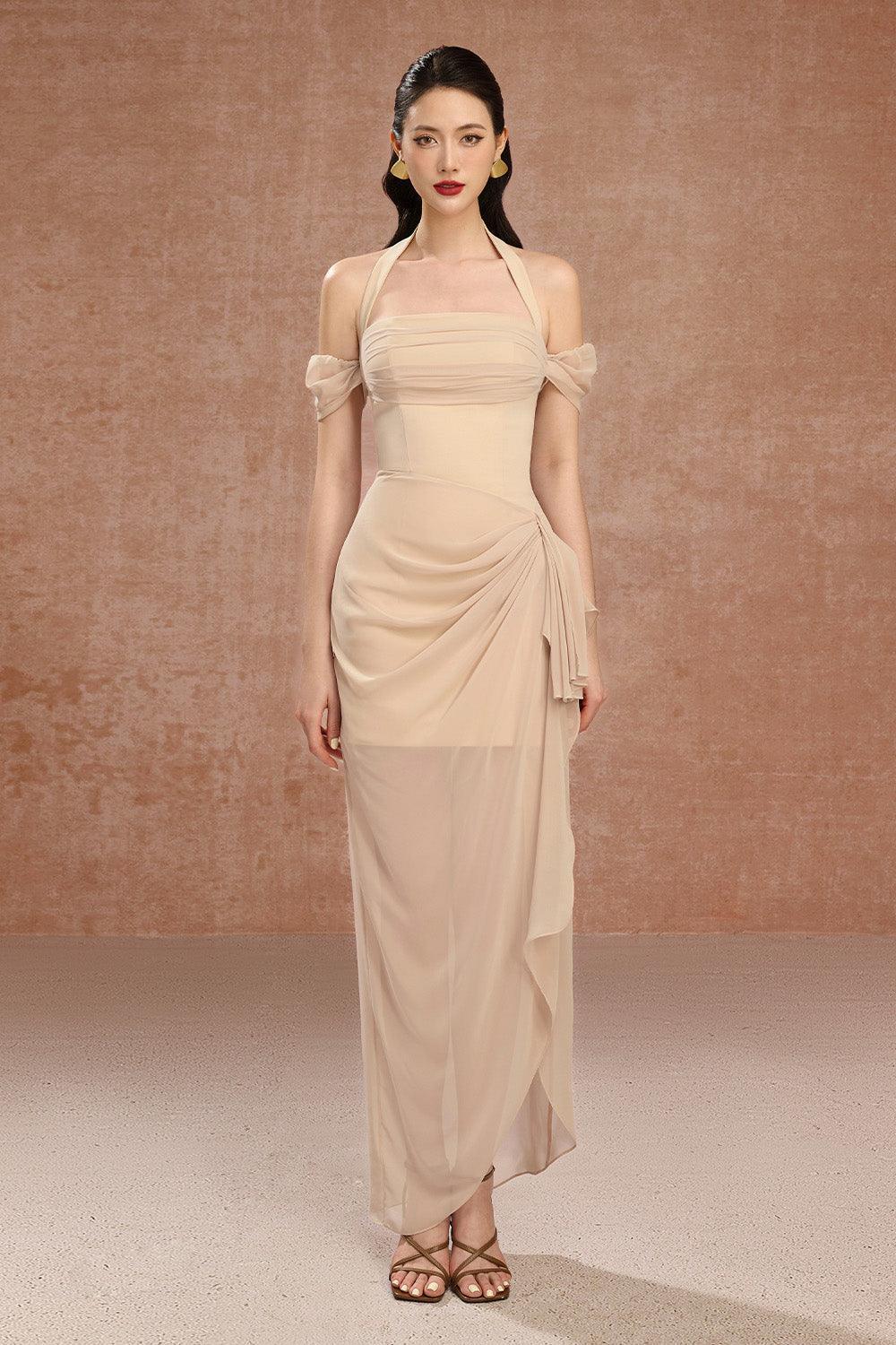 June Halter Cold Shoulder Sleeved Twill Ankle Length Dress