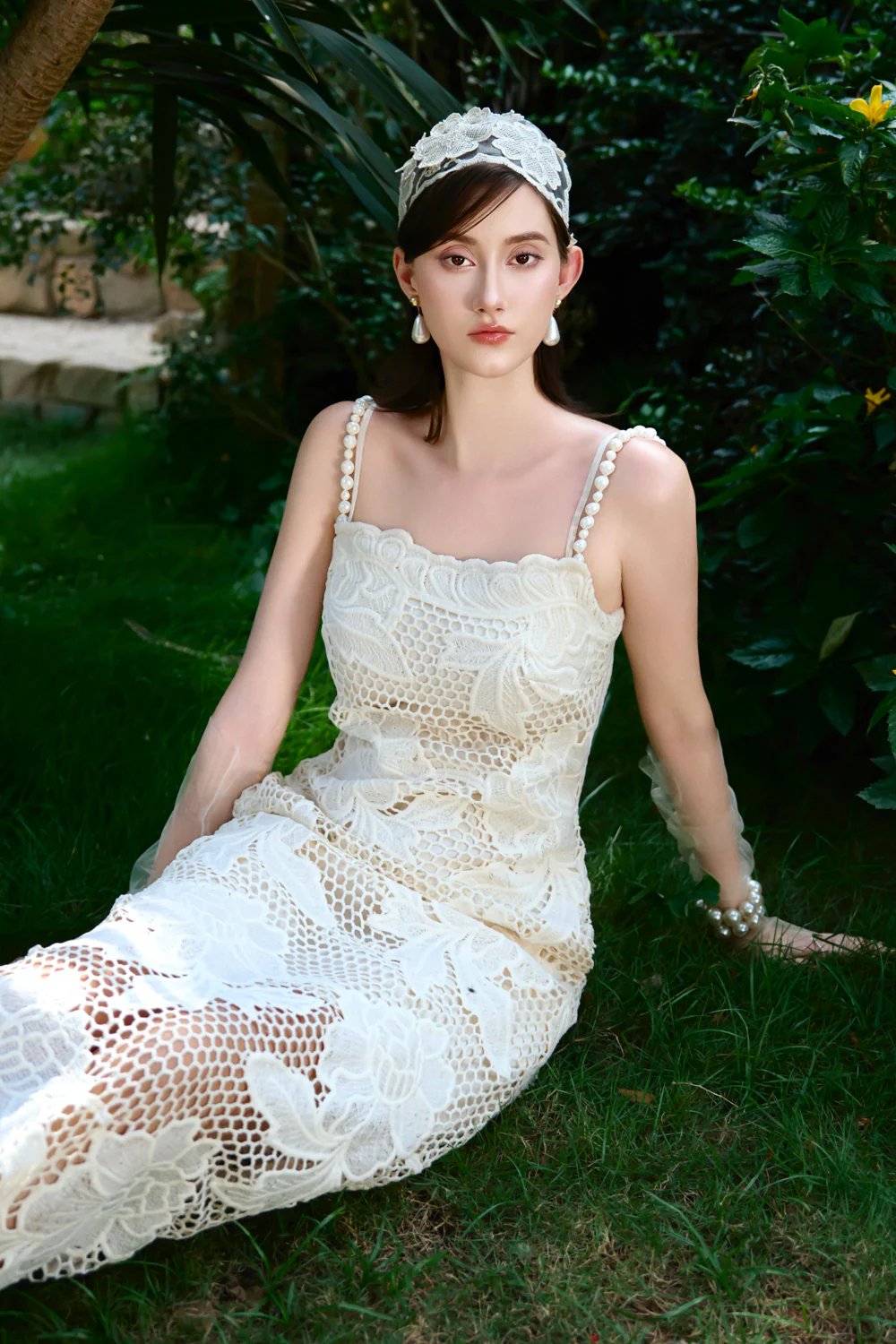 Coastal Square Neck Lace Maxi Dress