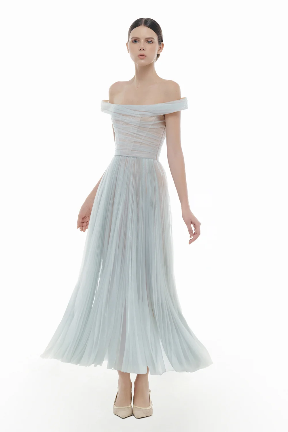 Evangeline Off-Shoulder Draped Midi Dress