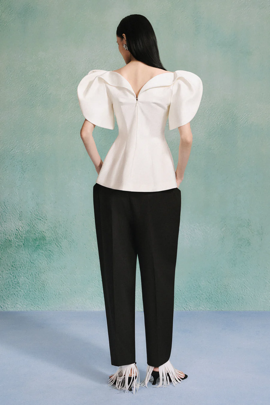 Henley Peplum V-Neck Taffeta Silk Top