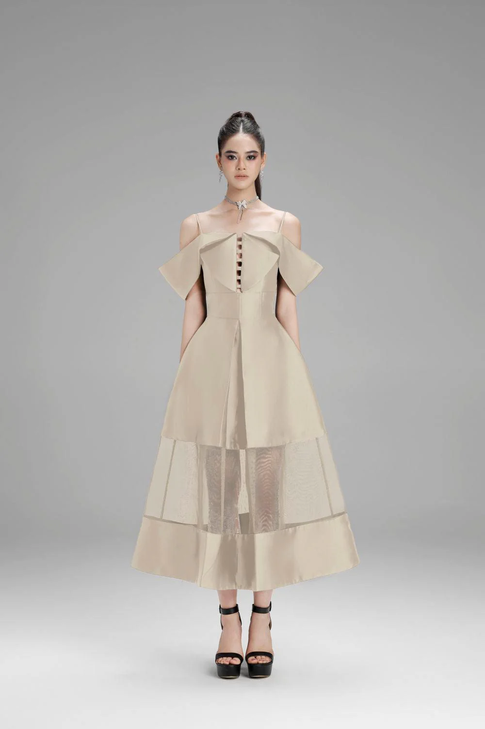 Lily A-line Cold Shoulder Sleeved Taffeta Midi Dress