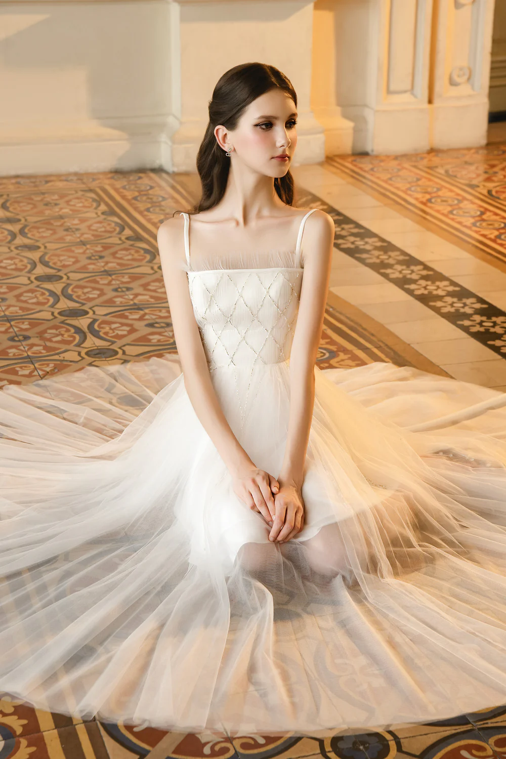 Shiloh A-line Square Neck Mesh Maxi Dress