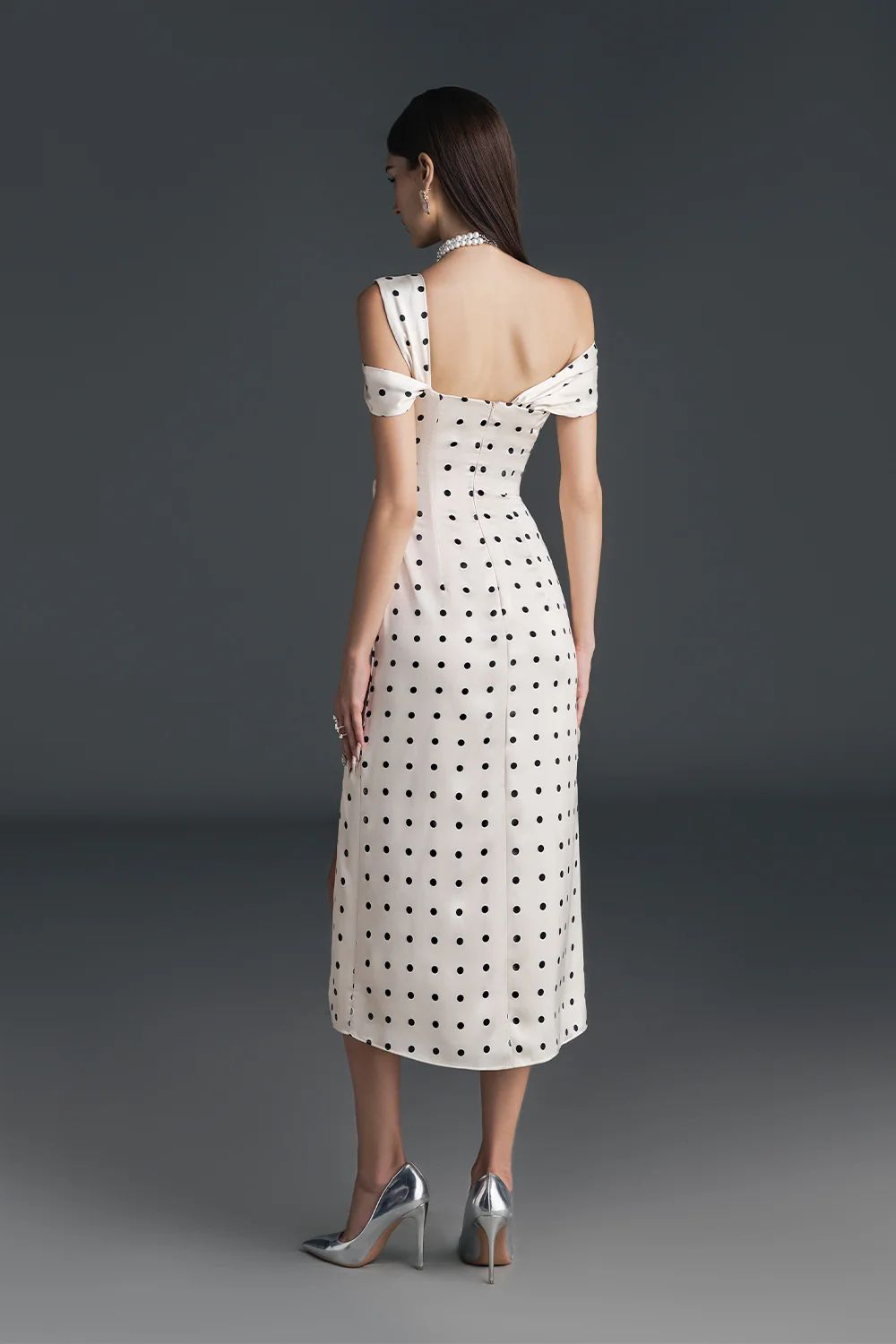 Dinna Slit Asymmetric Neck Silk Calf Length Dress