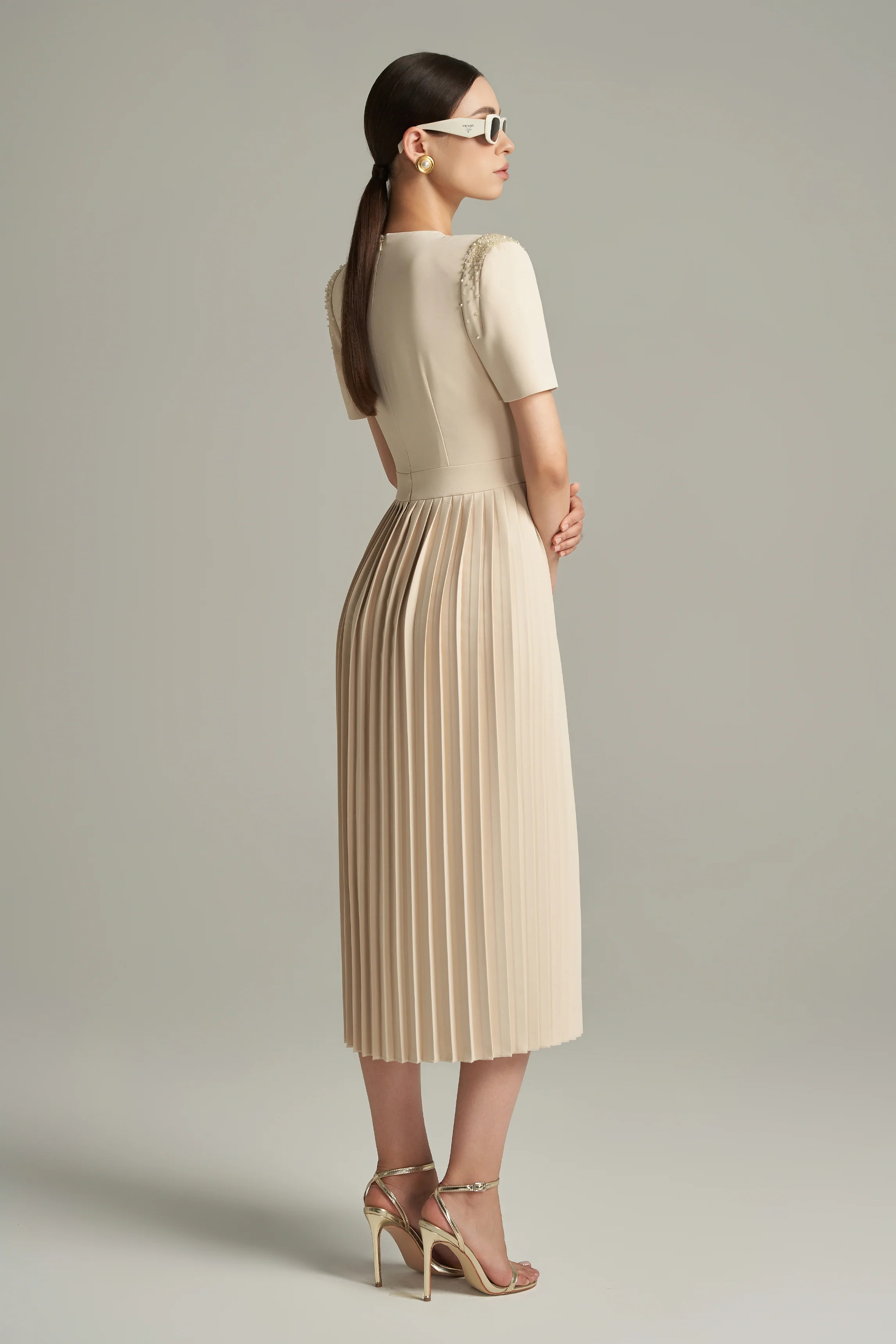 Brianna A-line Pleated Twill Calf Length Dress