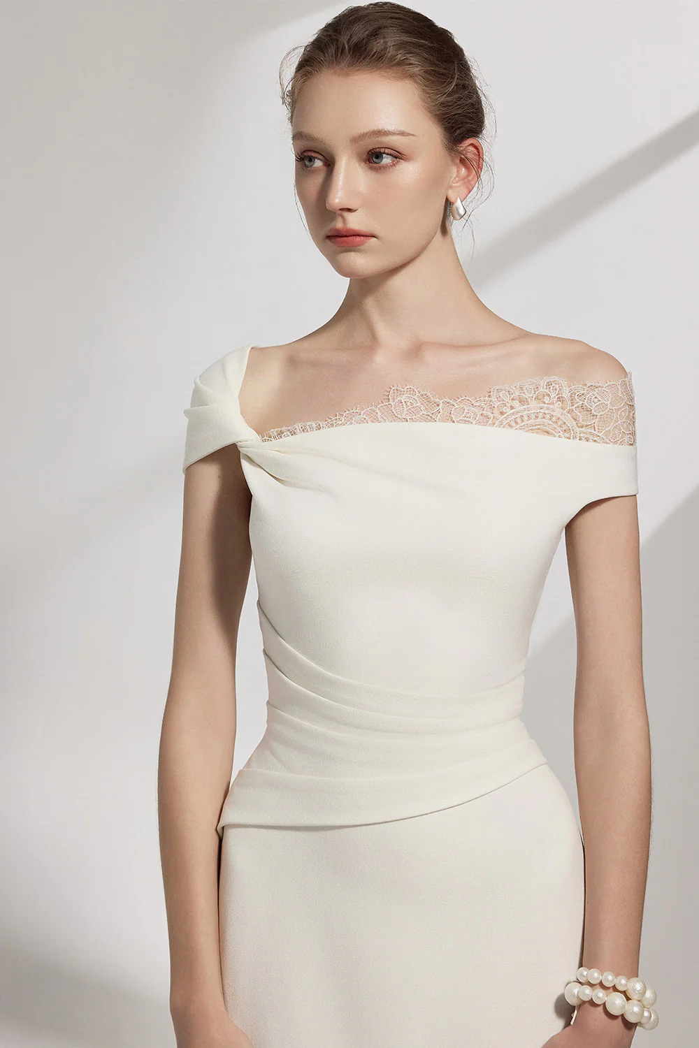 Elysian Sheath Asymmetric Sleeved Brocade Midi Dress