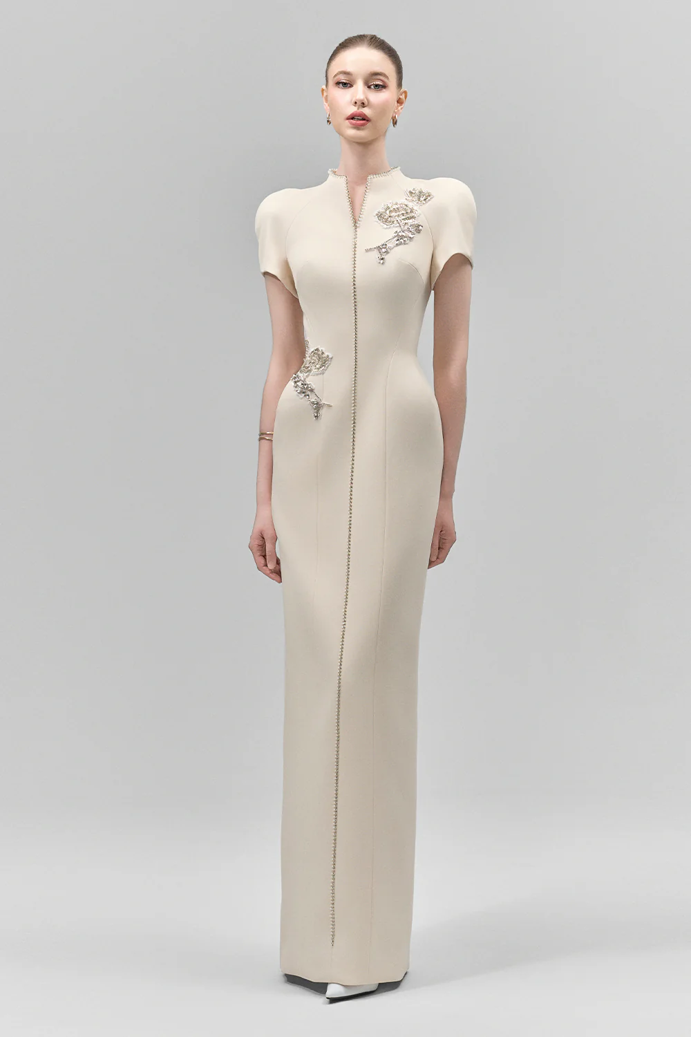 Eirlys Sheath Puffy Sleeved Crepe Floor Length Dress