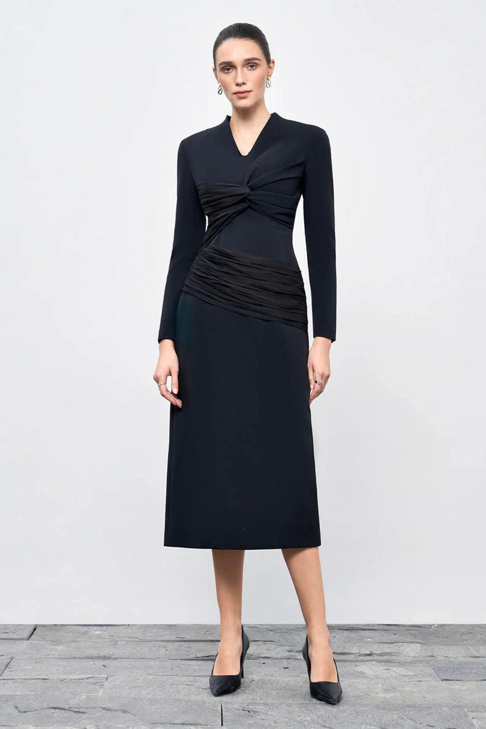 Elara Sheath V-Neck Cotton Blend Midi Dress