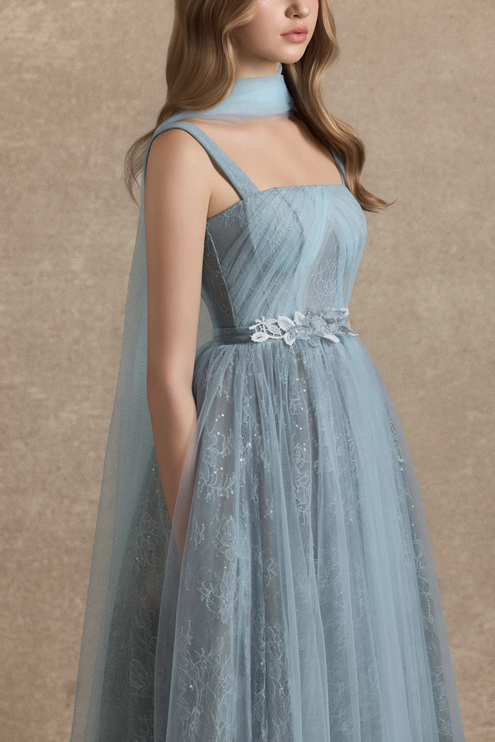 Cesleste Square Neck Lace Midi Dress