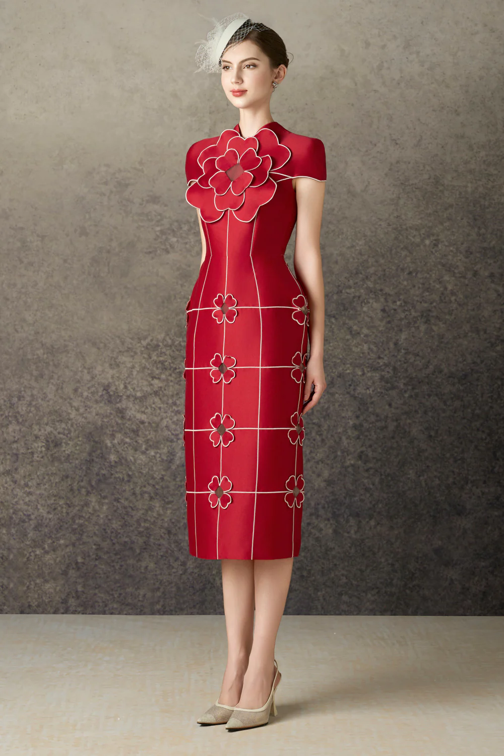 Solenya Pencil Flower Applique Taffeta Midi Dress