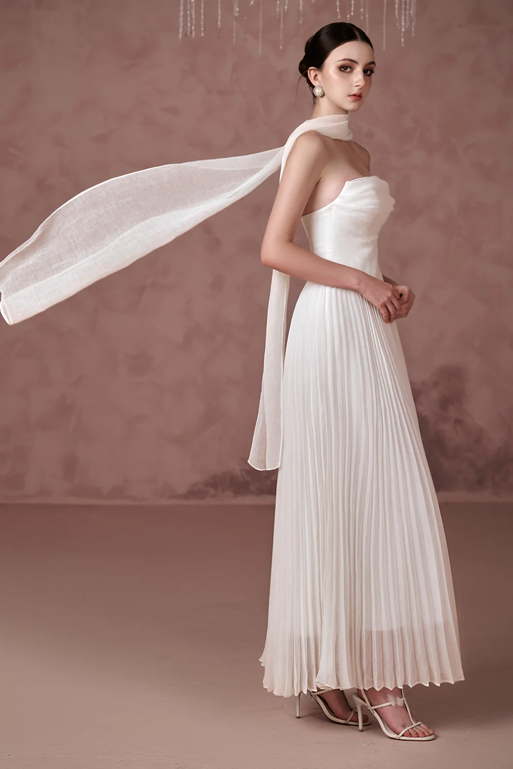 Amelia Strapless Pleated Mesh Silk Ankle Length Dress