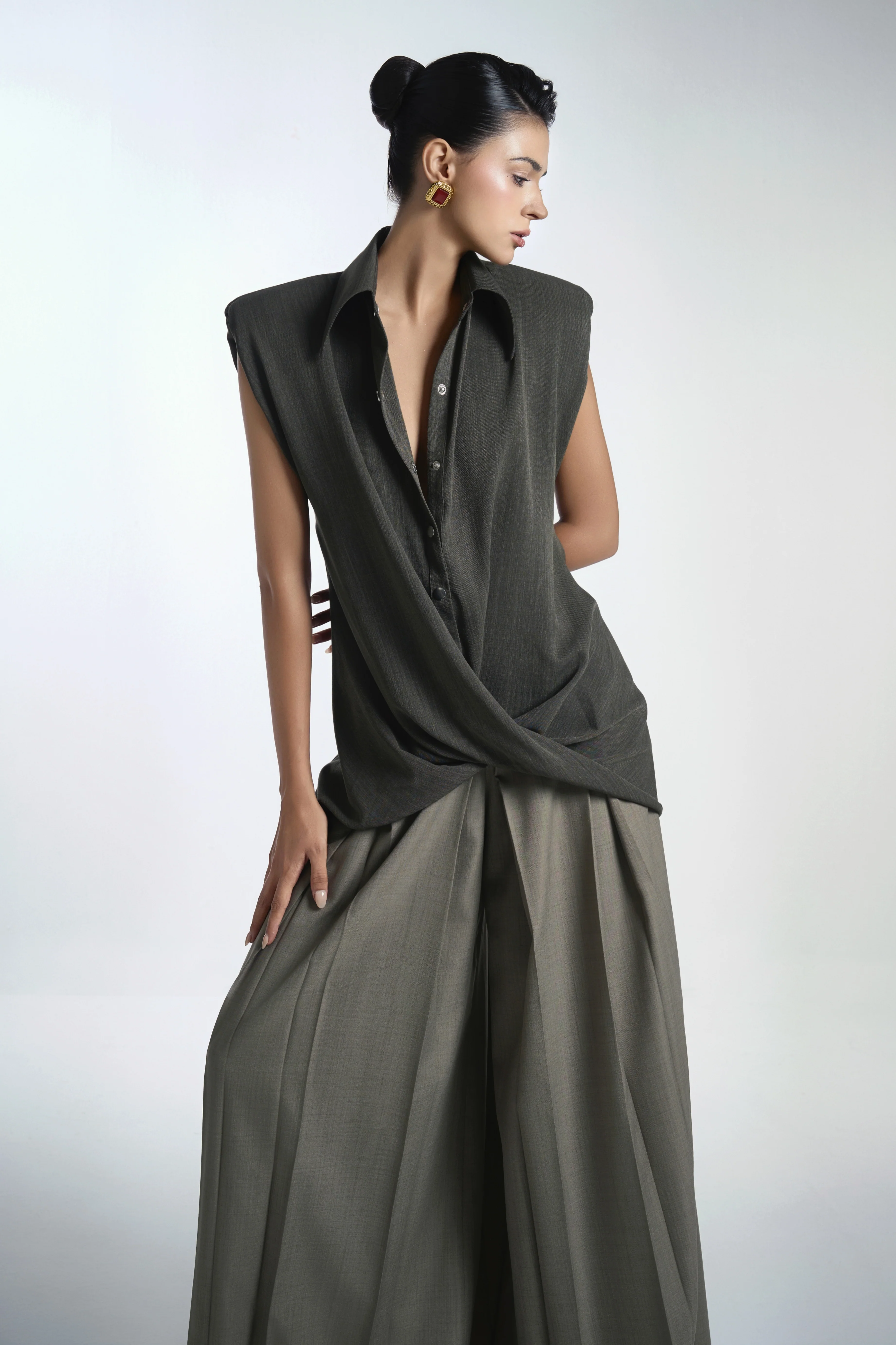 Van A-line Draped Crinkle Crepe Floor Length Pants