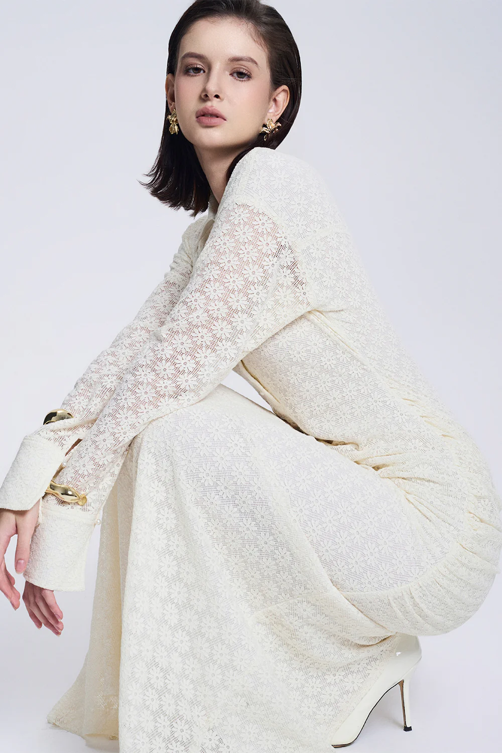 Elise Sheath Gathered Lace Maxi Dress