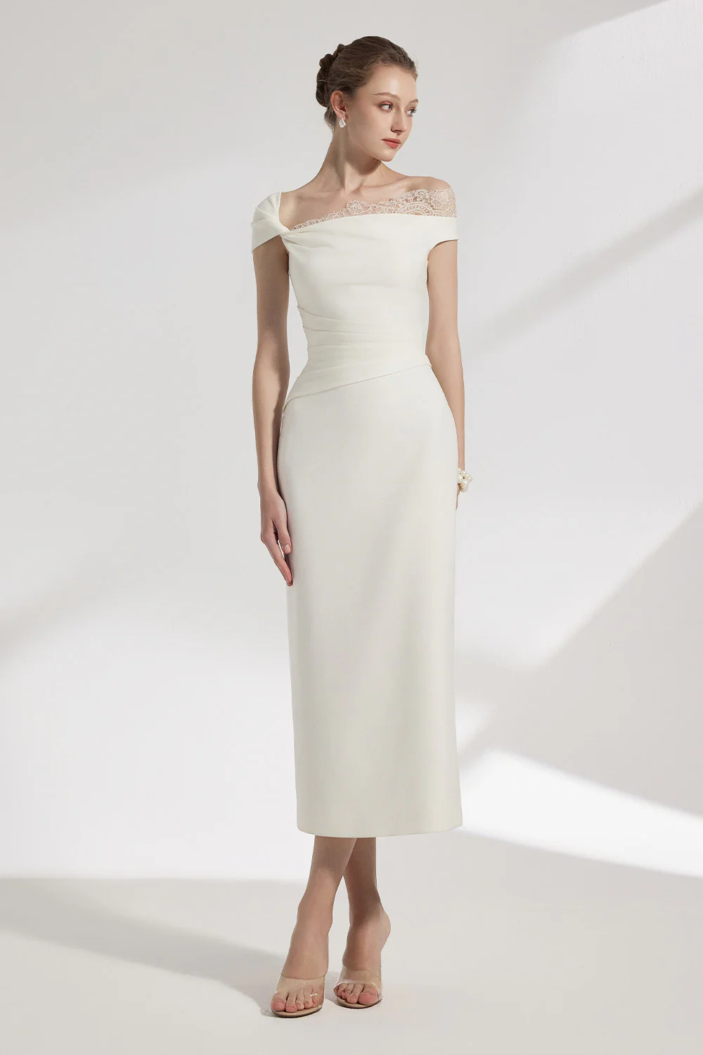 Elysian Sheath Asymmetric Sleeved Brocade Midi Dress