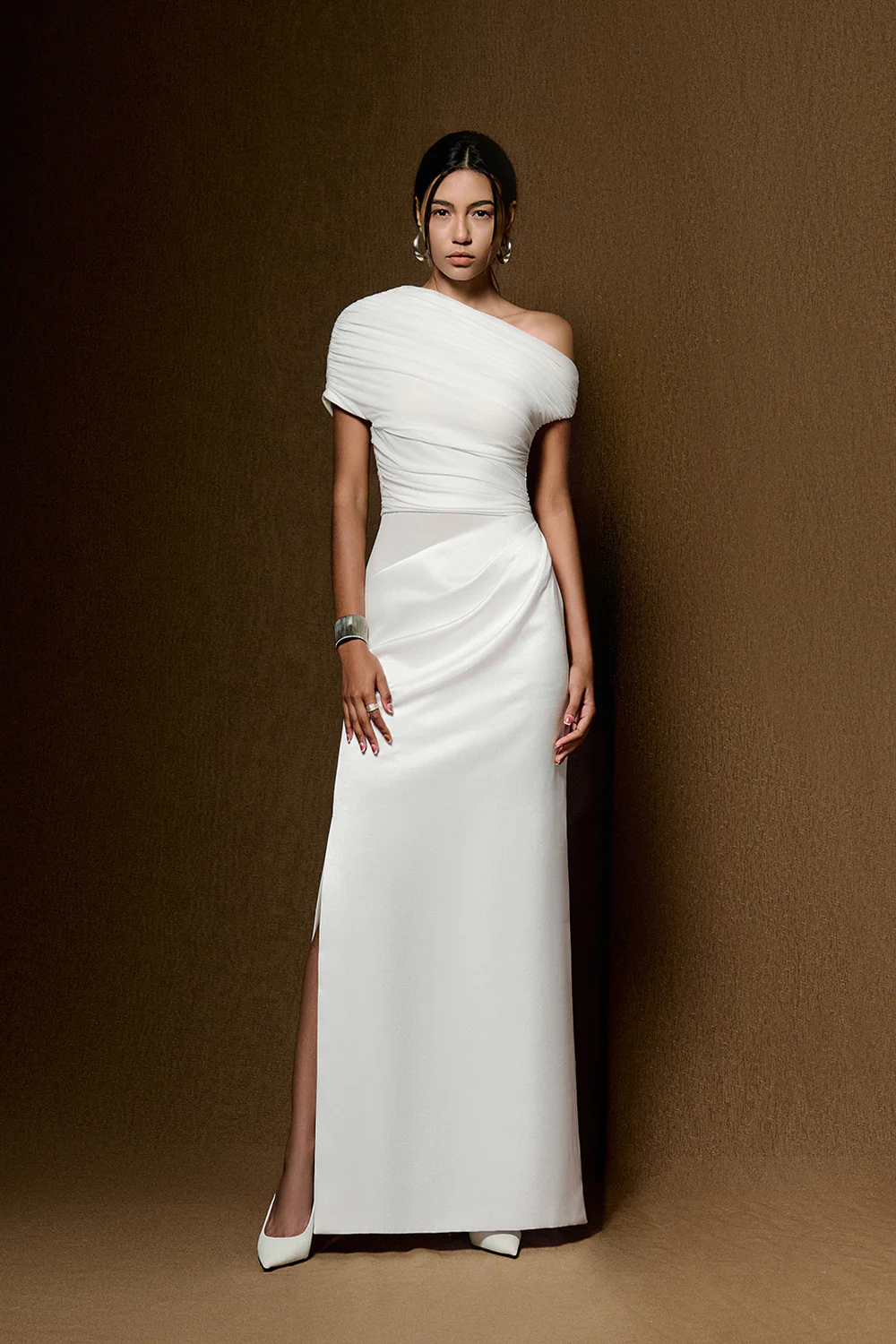 Enya Asymmetric Neck Gathering Maxi Dress