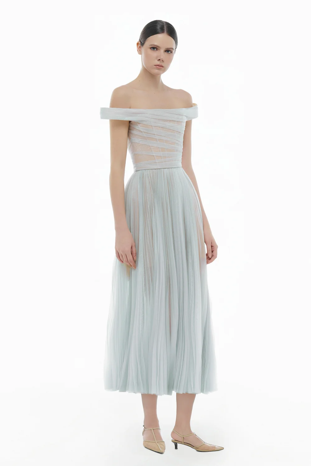 Evangeline Off-Shoulder Draped Midi Dress