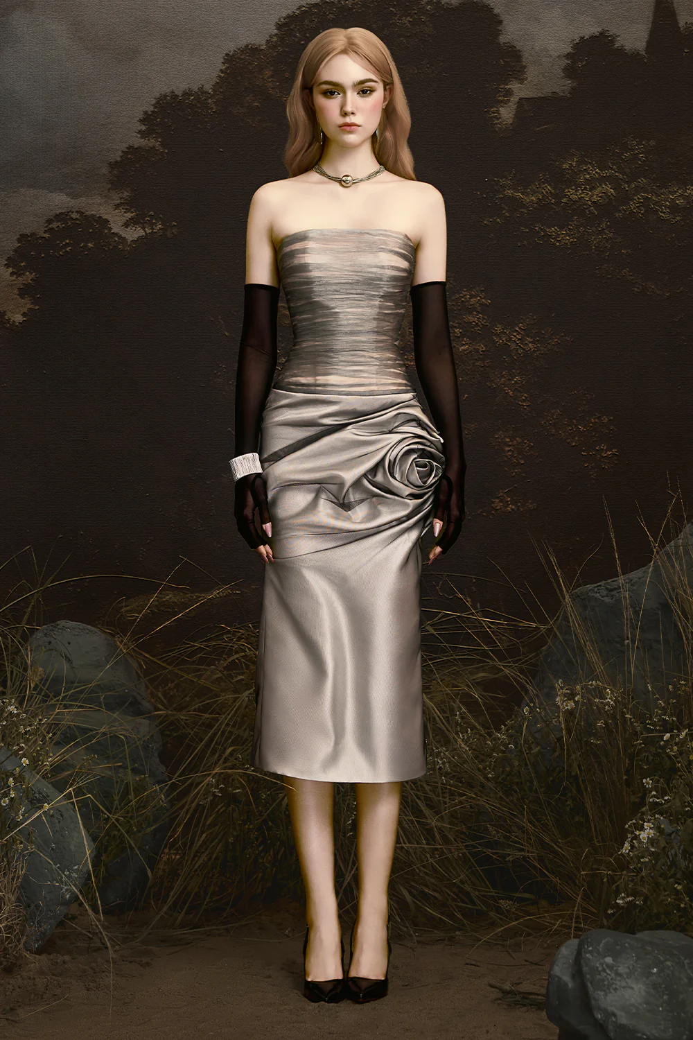 Melpomene Straight Across Applique Midi Dress