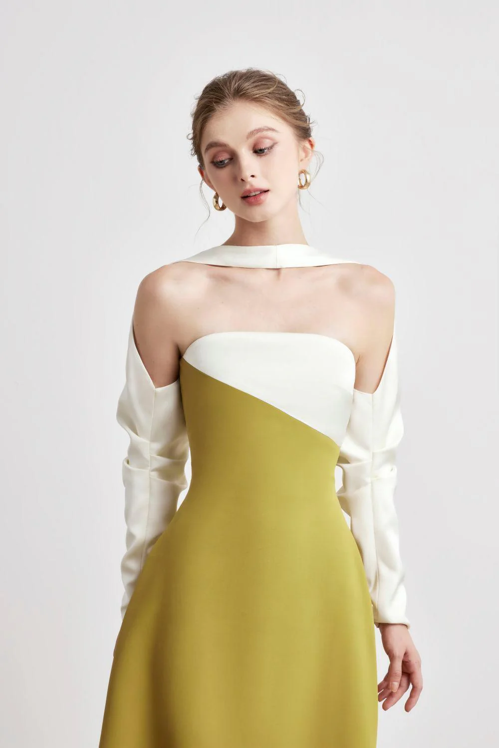 Princesa A-line Long Sleeved Silk Taffeta Midi Dress