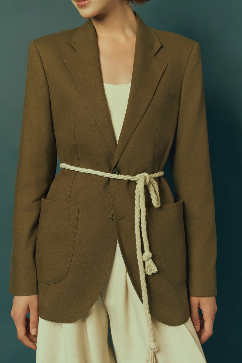 Wood Straight Notch Lapel Linen Rayon Blazer