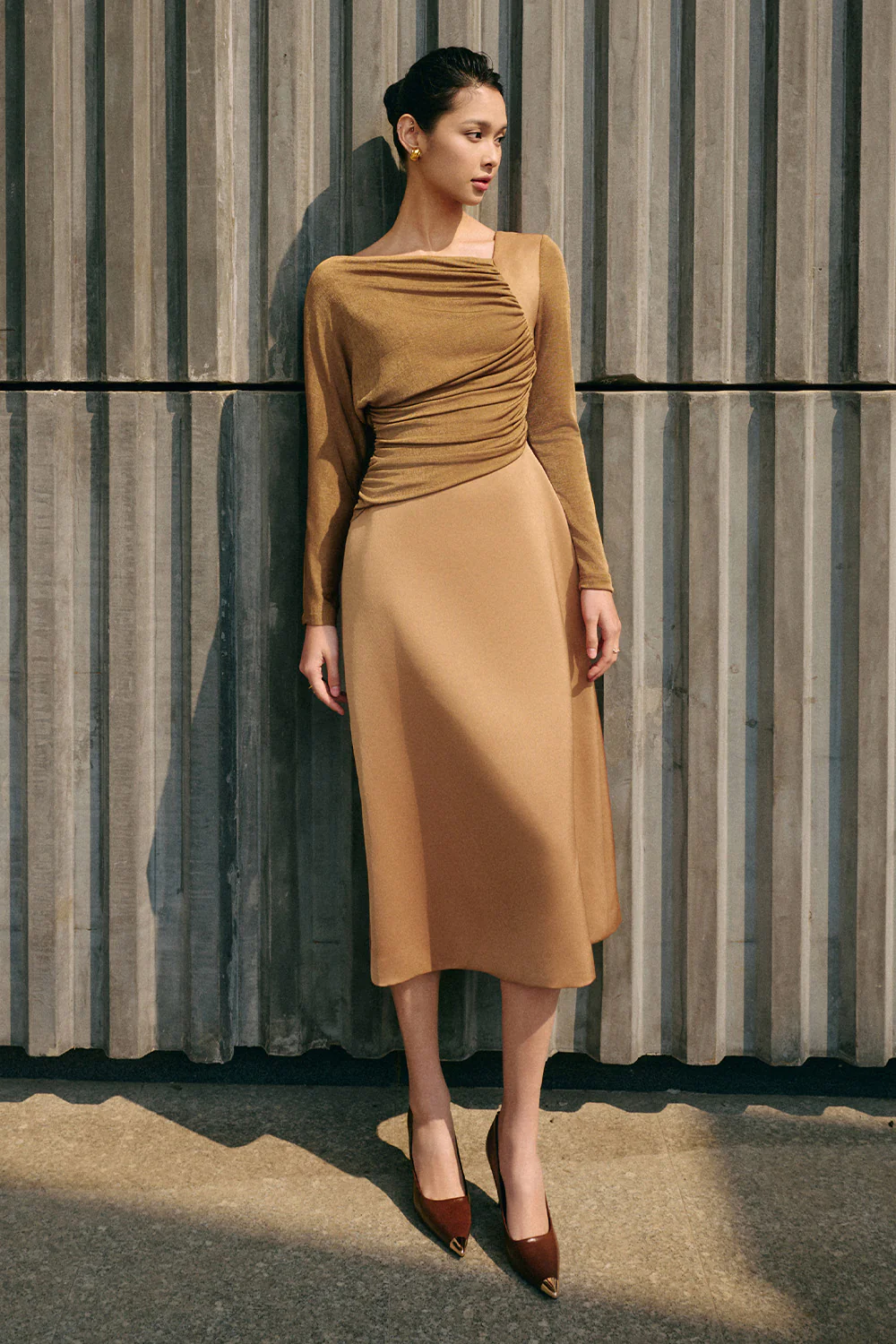 Bright A-line Diagonal Neck Spandex Taffeta Calf Length Dress